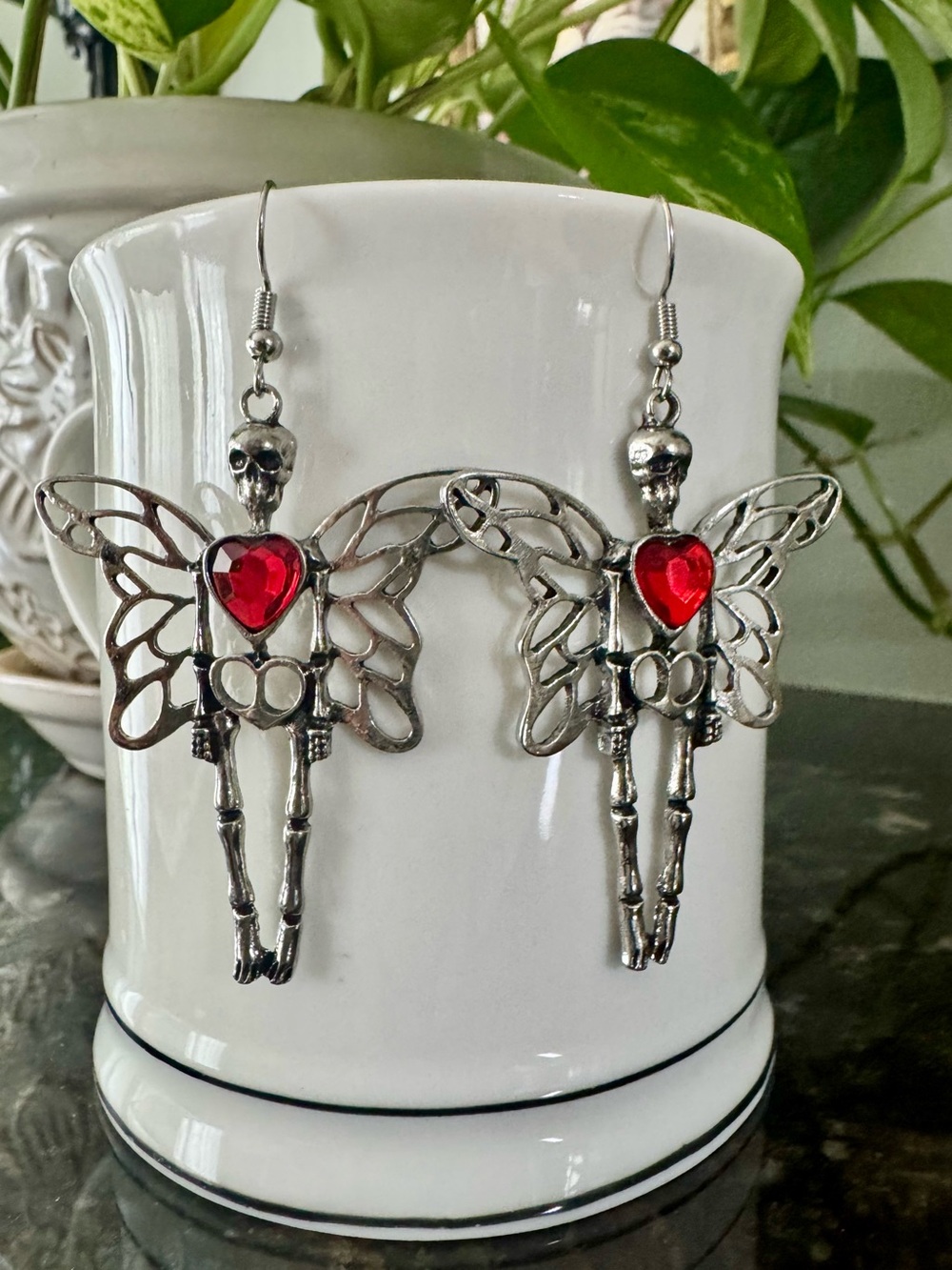 Silver Skeleton Fairy Earrings with Red Heart Gem 2” long - Picture 7 of 7